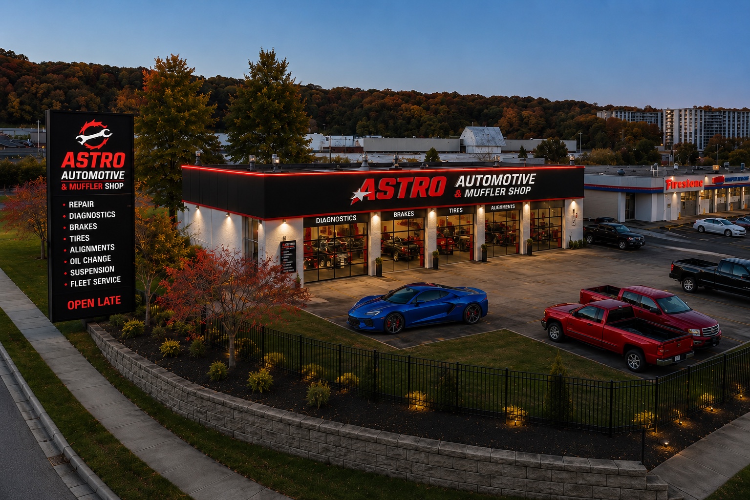Astro Automotive & Muffler Shop exterior concept with illuminated storefront and roadside sign